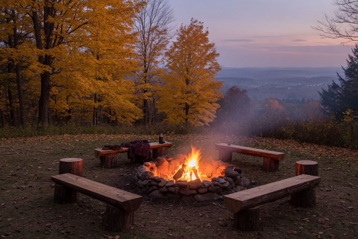 The fire pit circle with log benches at dusk