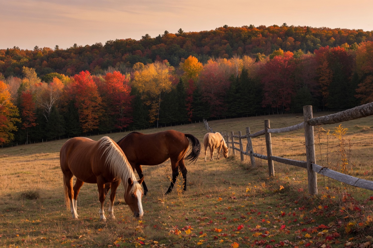 Horses grazing a fenced pasture at the edge of the autumn woods