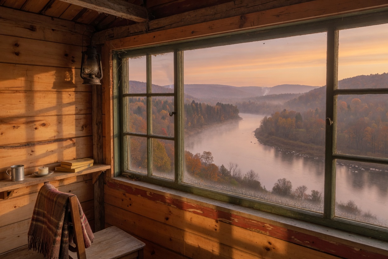 Inside a tiny home: a wide window looks out over the river valley
