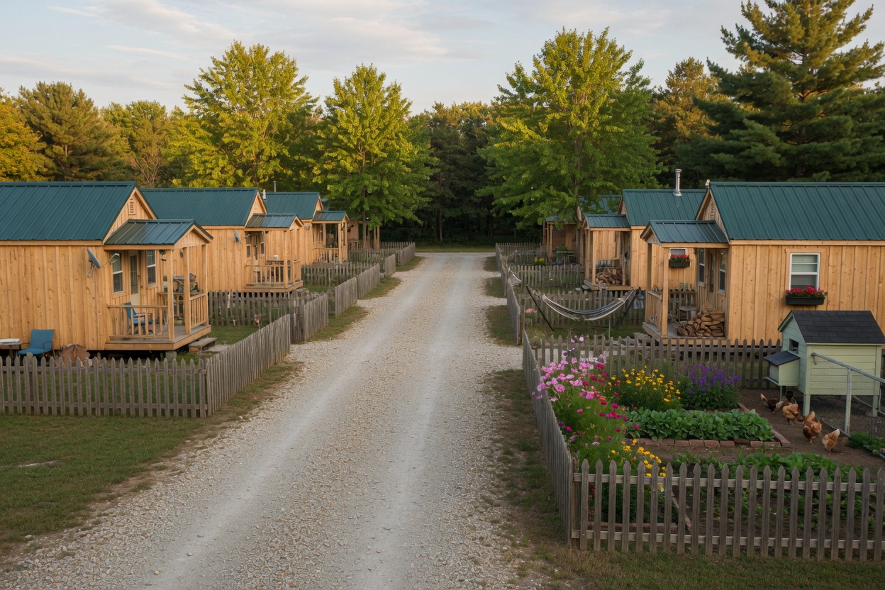 The gravel lane between fenced homesites, with cabin-style tiny homes, a garden plot and a chicken coop