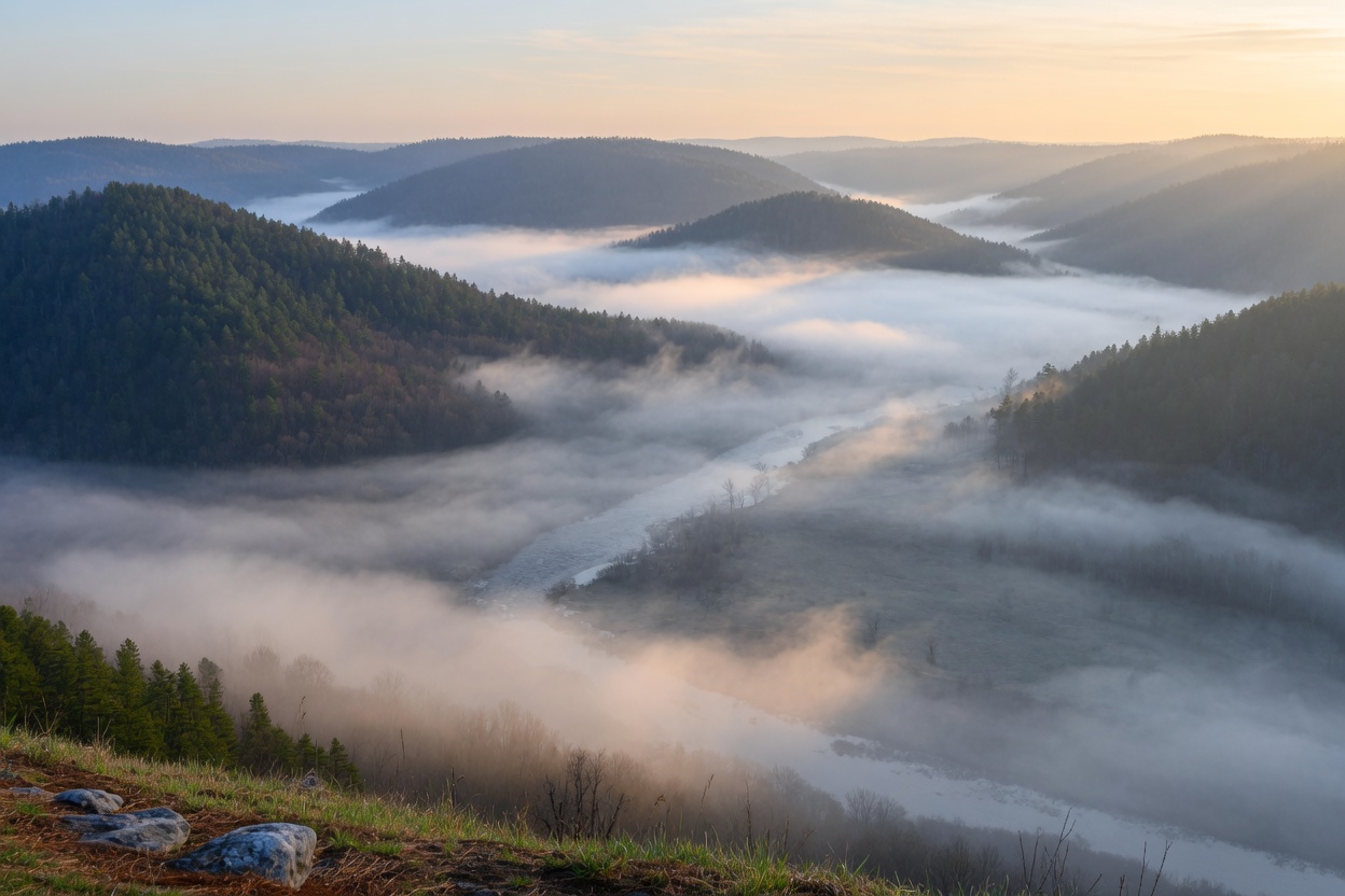 Morning mist filling the river valley, seen from the bluff