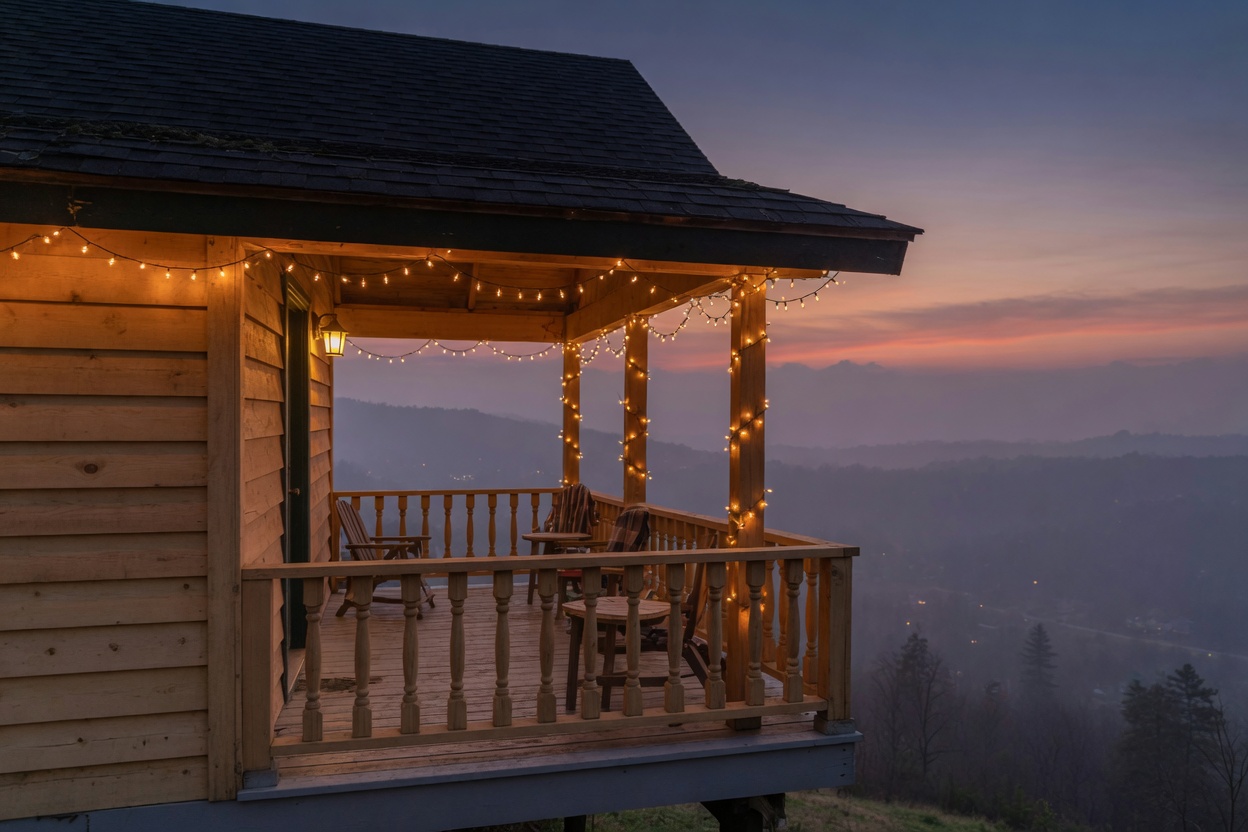 A tiny-home porch with string lights at dusk, the valley in haze beyond
